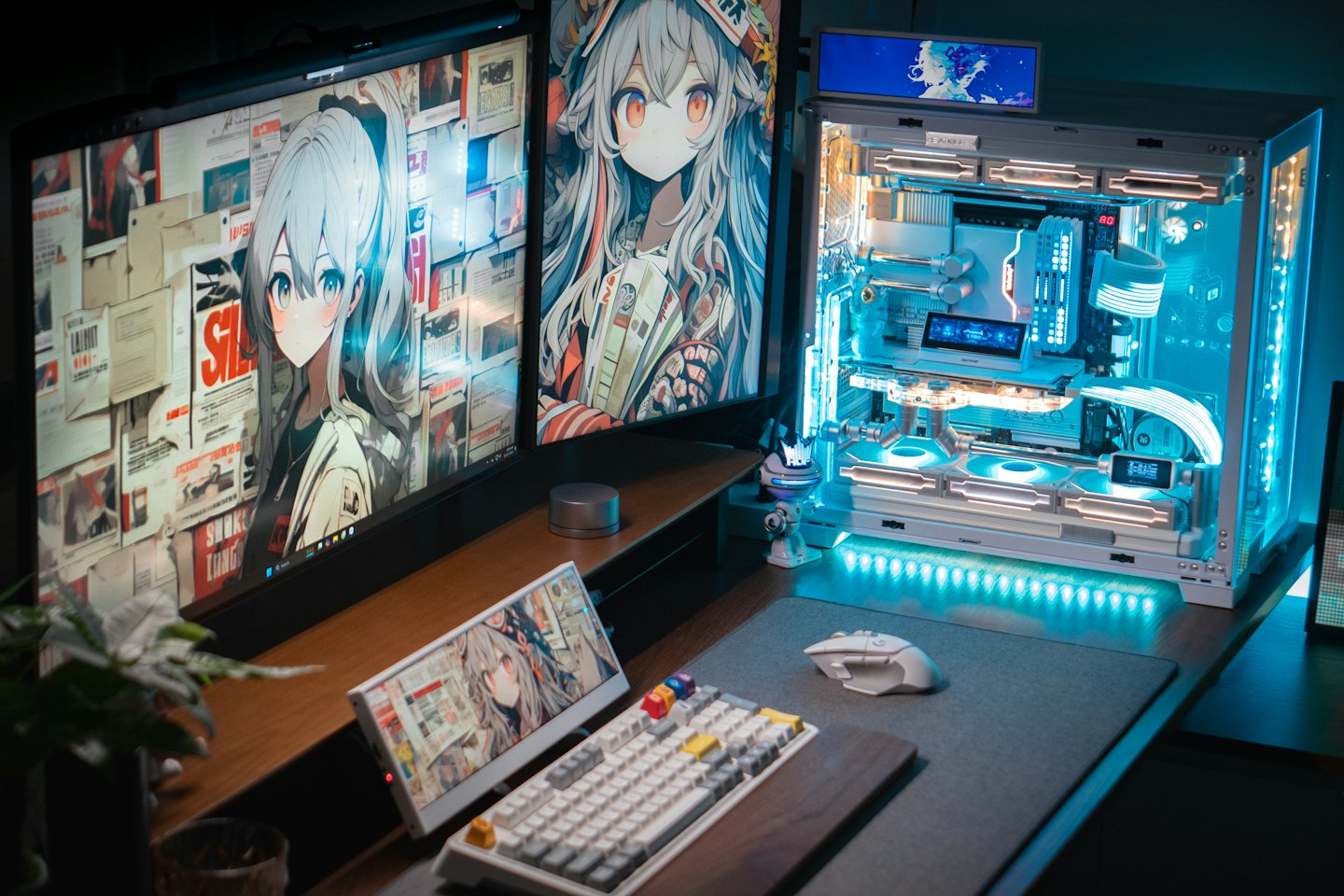 Gaming setup with dual monitors, RGB PC, keyboard, and mouse.